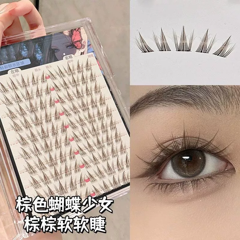 Коричневые накладные ресницы для девочек без клея, фотогеничные сверхъестественные искусственные комические сегментированные ресницы для новичков, один кластер