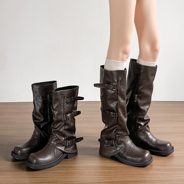 Genuine Leather Version! Maillard Mid-Calf Boots for Women, Retro British Style, Height-Increasing Thick Heel, Pleated Stacked Trouser Leg Short Boots