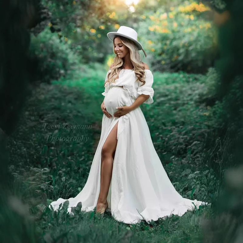 Pure Cotton Two-piece European and American Foreign Trade Pregnant Women's Long Dress suit One-character Collar Cotton Pregnant Women's Photo Skirt Pure Cotton Two-piece European and American Foreign Trade Pregnant Women's Long Dress suit One-character Collar Cotton Pregnant Women's Photo Skirt