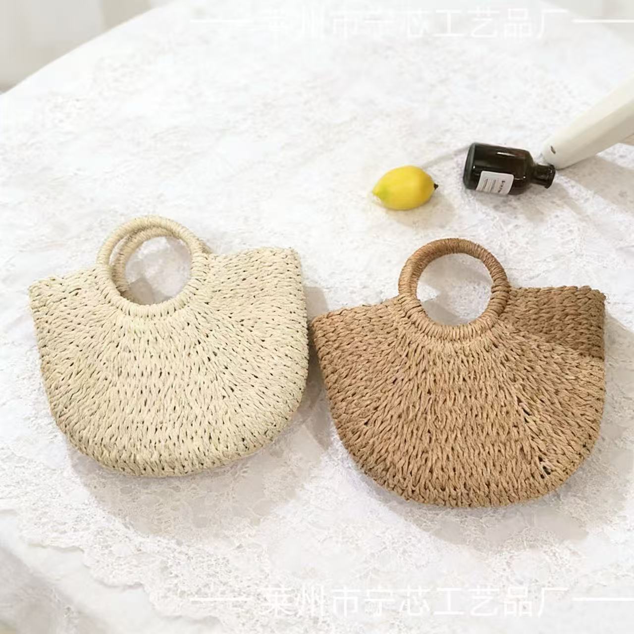 Bolso de Mano de Paja para Playa, Paja Tejida, Diseño Tejido, para Vacaciones y Playa
