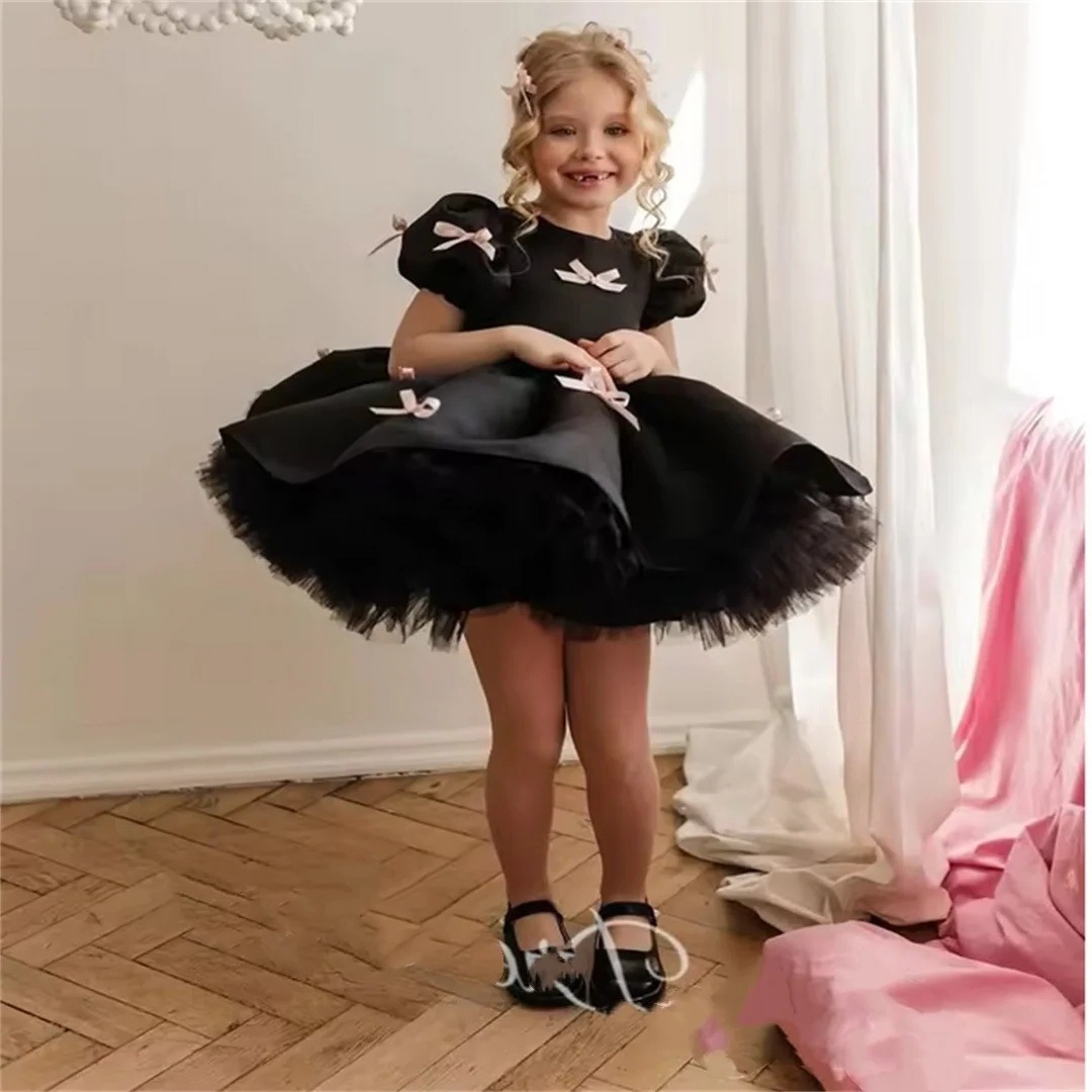Black Retro Princess Dress For Girls Bow Design Children's Fashion Show Flower Girl Piano Performance Dress_voghion.com