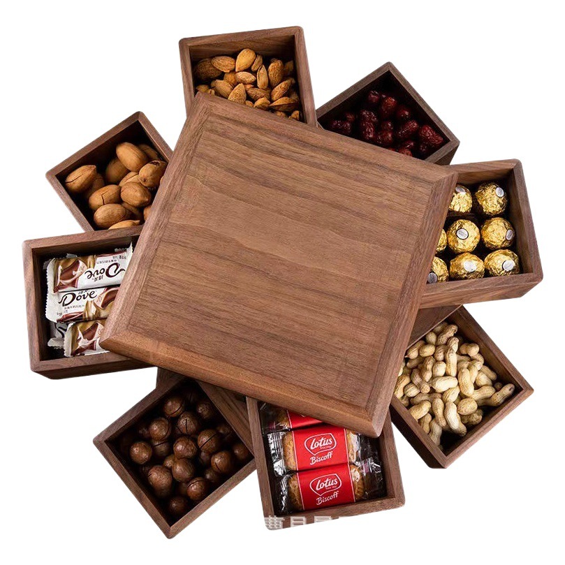 Retro de madera sala de estar caja de fruta seca giratoria fruta merienda plato tarde té caramelo galleta tuerca caja