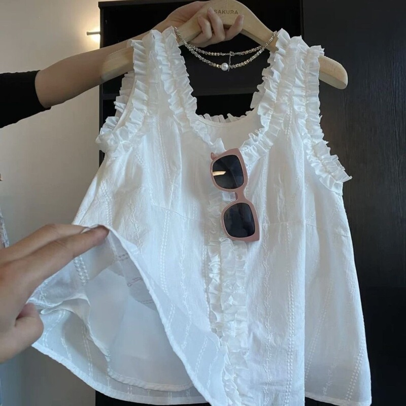 Pure Cotton Heavy Embroidery Plus Size 130kg Sweet Style Patchwork Ruffle Edge Sleeveless Shirt