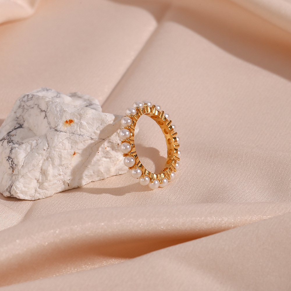 Fashion Round Stainless Steel Plating Inlay Pearl Rings 1 Piece