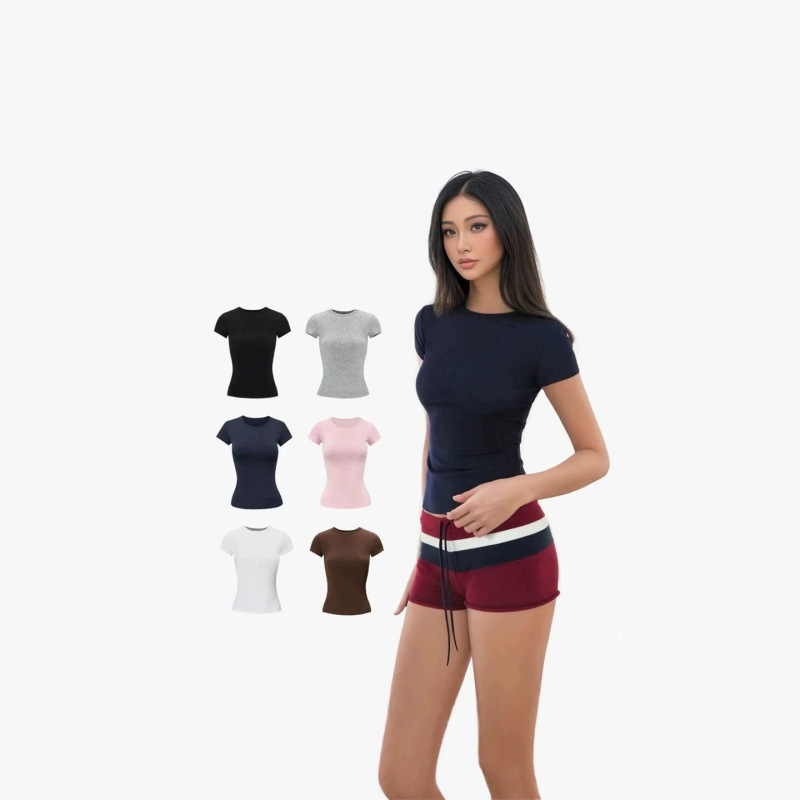 Summer Round-Neck Short Solid Color Regular Shoulder Sports Short-Sleeve T-Shirt, Slim Fit, Flattering for Petite Figures, Base Layer Top