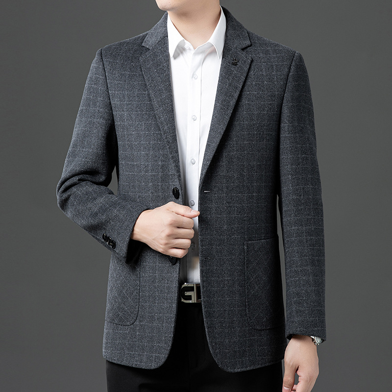 양면 틈새 2024 가을과 겨울 새로운 중년 남성 비즈니스 캐주얼 플레이드 울 코트 남성용 올 매치 재킷