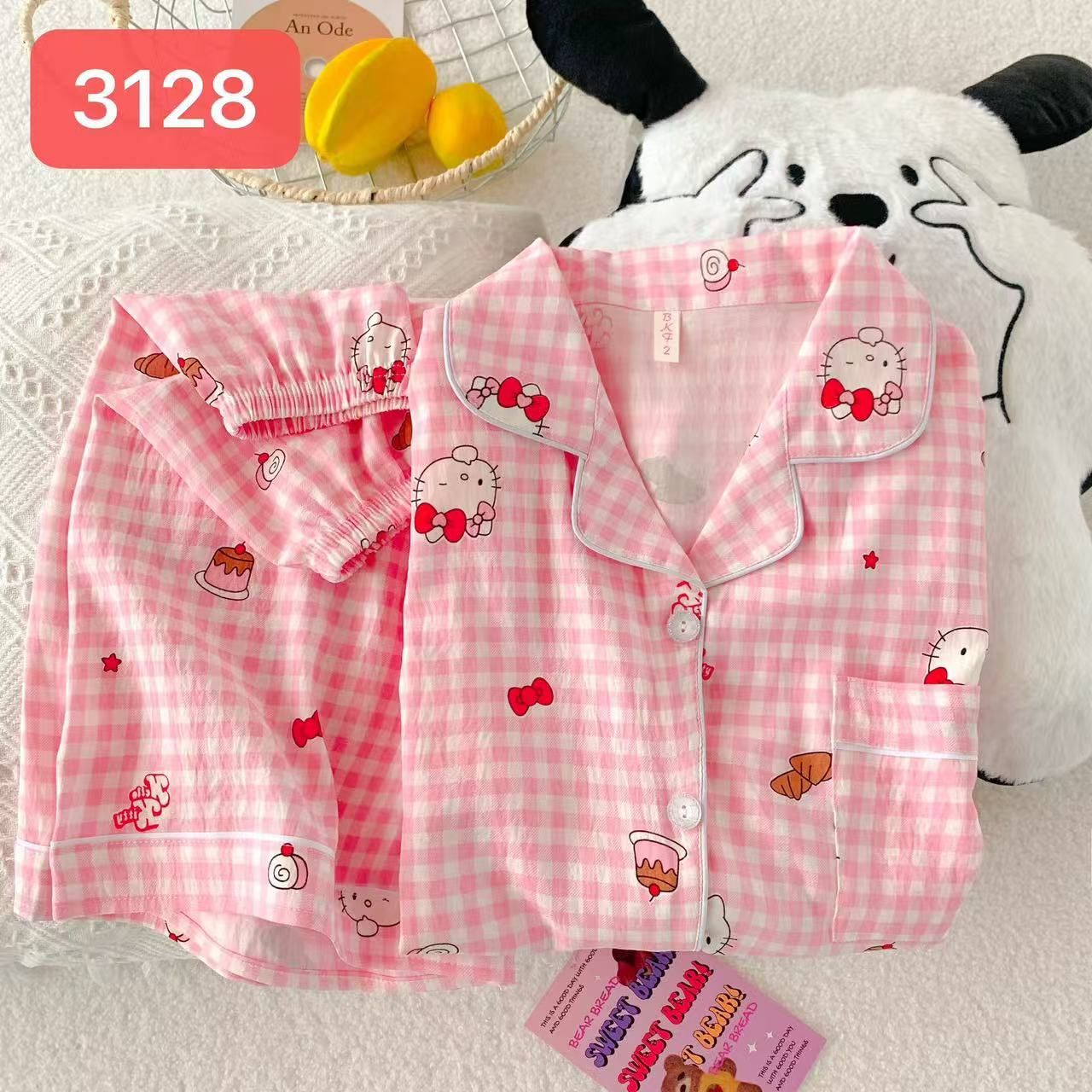 Comercio exterior nube transfronteriza algodón de tres piezas pantalones cortos de manga corta pantalones pijamas de verano ropa a domicilio rebeca de dibujos animados solapa
