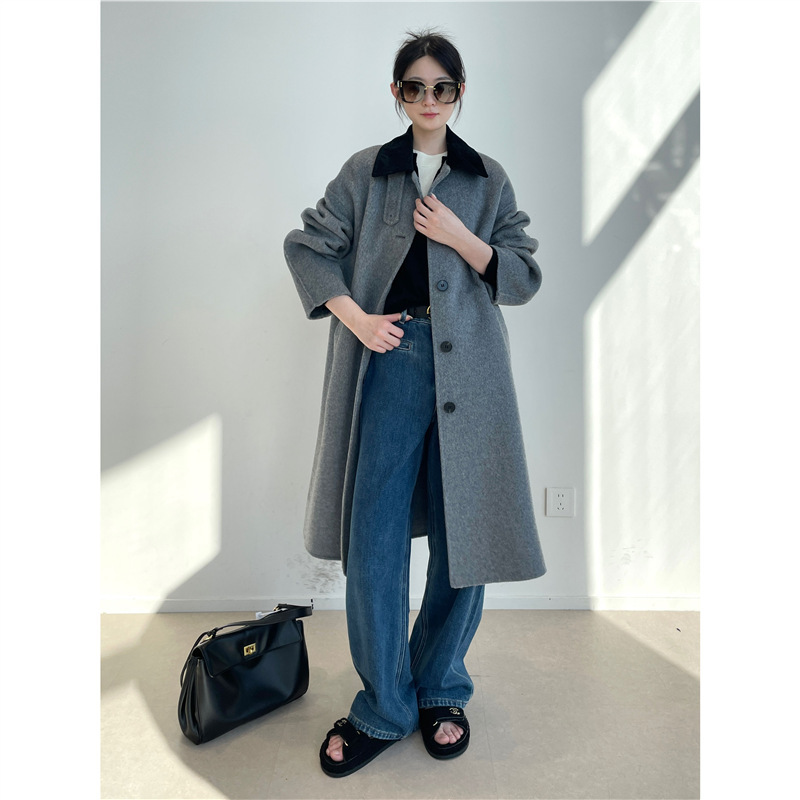 Xiaohejia! 100 Sheep Wool Contrasting Corduroy Lapel Double-Sided Wool Outwear Mid-Length Woolen Outwear