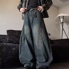 跨境美式复古弯刀牛仔裤男秋季新款宽松痞帅做旧辑明线直筒裤子男