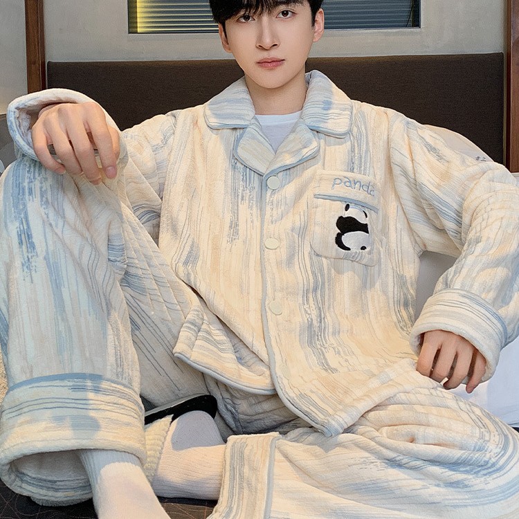 Pajamas Men's Coral Velvet Autumn and Winter Warm Youth 2024 New Boys' Fleece-Lined Thickeneded Men's Winter Home Clothes