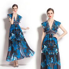 原创设计-2023度假风深V领雪纺连衣裙长裙