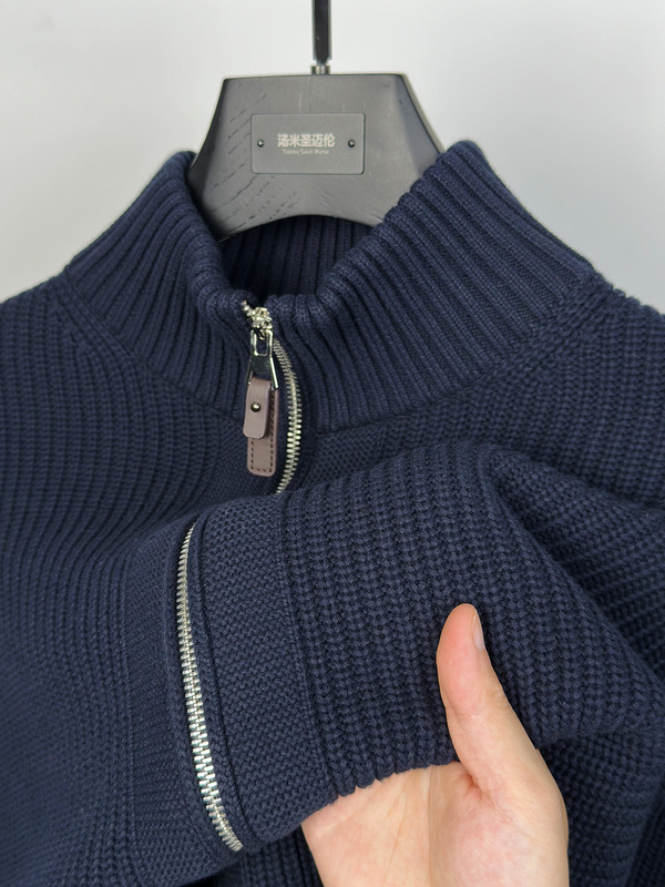 100% Pure Cotton Anti-Pilling Heavy Double Zipper Jacket Knitted Pure Color Sweater Men's Thickeneded Autumn and Winter 2025 New Style