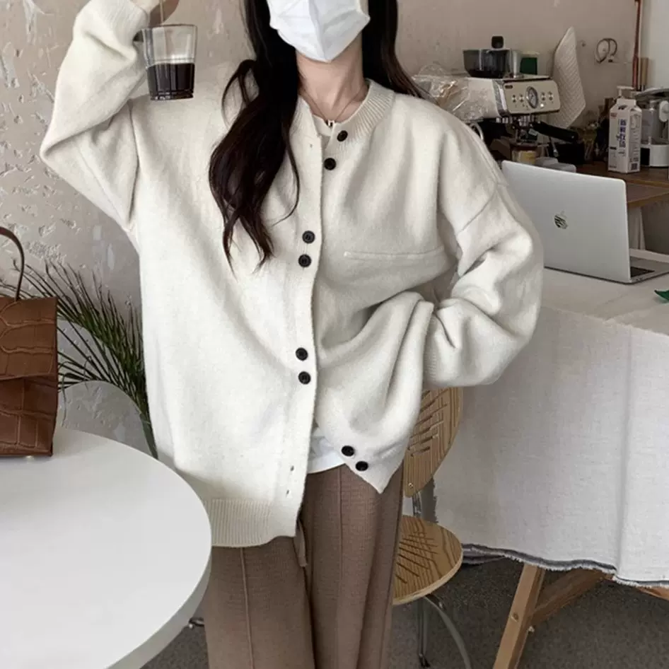 韩系宽松慵懒风纯色休闲针织开衫秋冬新款小个子学院风毛衣外套女