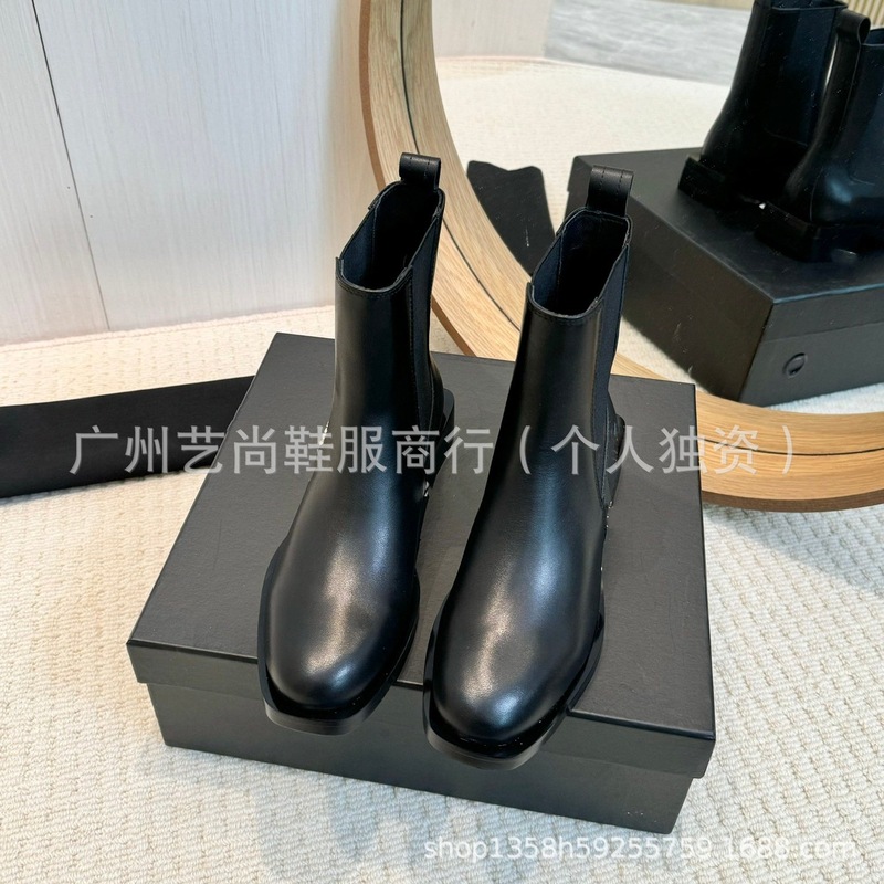高版2025秋冬真皮圆头英伦复古方跟套筒马丁靴切尔西靴短靴单靴女|undefined