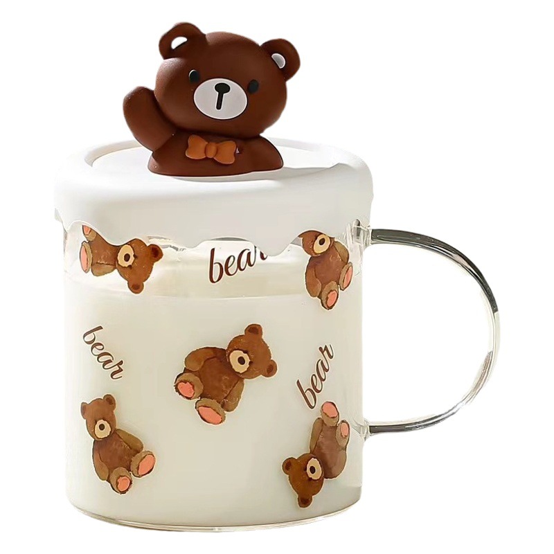 Creativo de dibujos animados Oso de vidrio con tapa de alto aspecto lindo regalo de mano taza de bebida simple taza de oficina