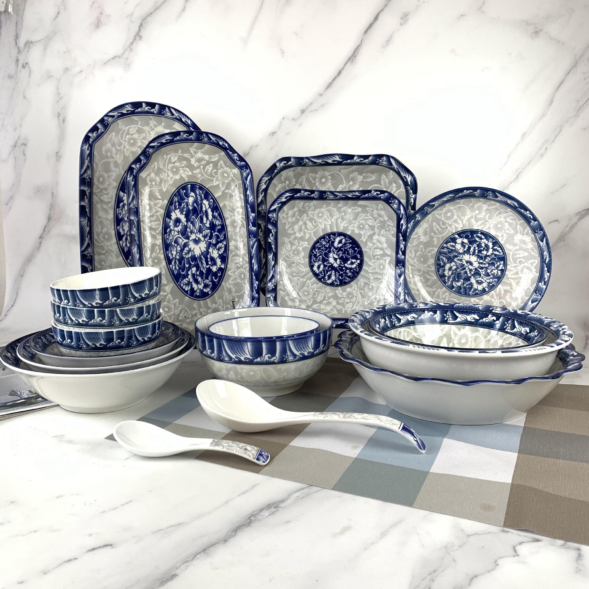 Fábrica al por mayor impresión azul y blanca 003 vajilla de porcelana azul y blanca placa de cerámica doméstica dos yuanes tienda de puesto 5 yuanes tienda de 10 yuanes