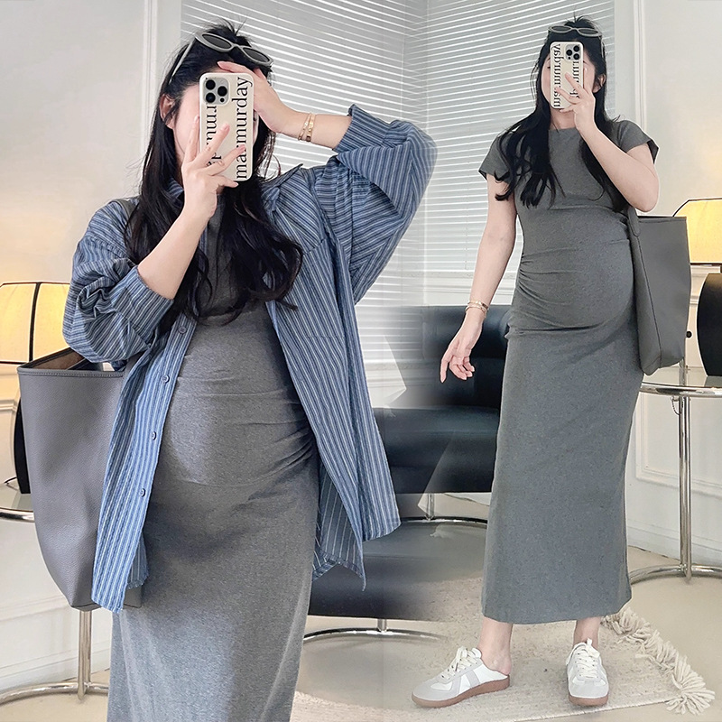 Maternity Wear 2026 Summer New Style Round Neck Short-Sleeve Pleated Slim-Fit Pure Cotton A-Line Dress for Stylish Moms Maternity Wear 2026 Summer New Style Round Neck Short-Sleeve Pleated Slim-Fit Pure Cotton A-Line Dress for Stylish Moms