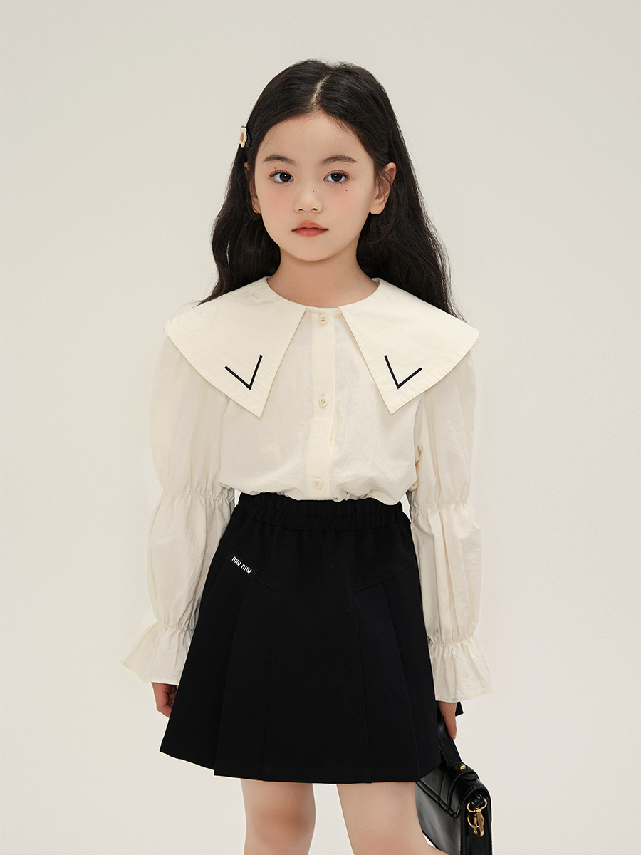 Estilo coreano dulce estilo solapa puff manga camisa de las niñas 2024 primavera nuevos niños todo-fósforo color sólido bebé camisa