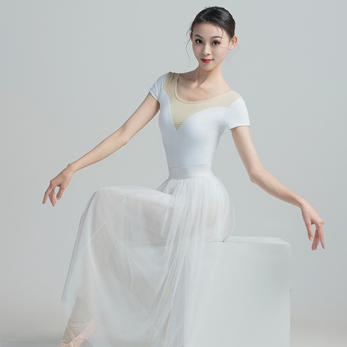 Exam-level dance clothing one-piece performance practice suit for women adult gymnastics ballet short-sleeved nylon patchwork one-piece garment