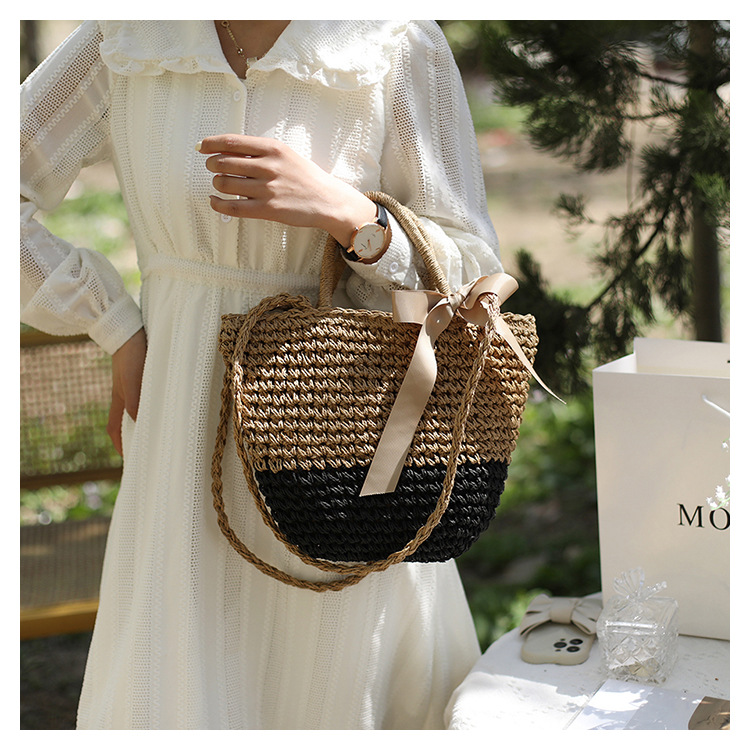 Women's Small Straw Stripe Vacation Ribbon Bucket Open Straw Bag display picture 5