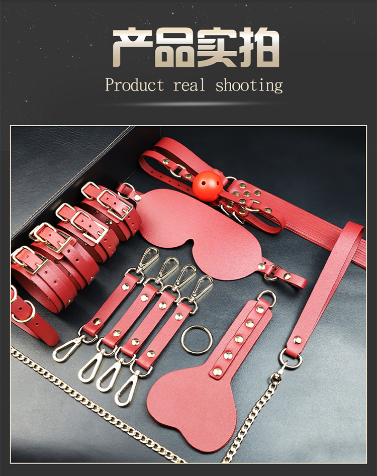 Jiuai PU Leather Bondage Handcuffs Set with Metal Hardware, Black Nine-Piece Kit — detail image 16