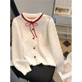 红色波点外搭短款毛衣外套女秋冬2025新款 小个子针织甜美上衣