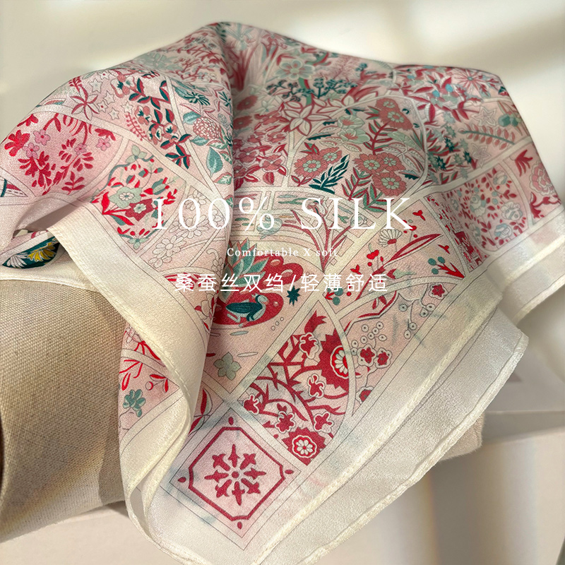 Luxury Monet Garden Double Crepe Pure Silk Scarf For Women - Spring/Summer Versatile Mulberry Silk Square Neck Scarf - Thumbnail 4