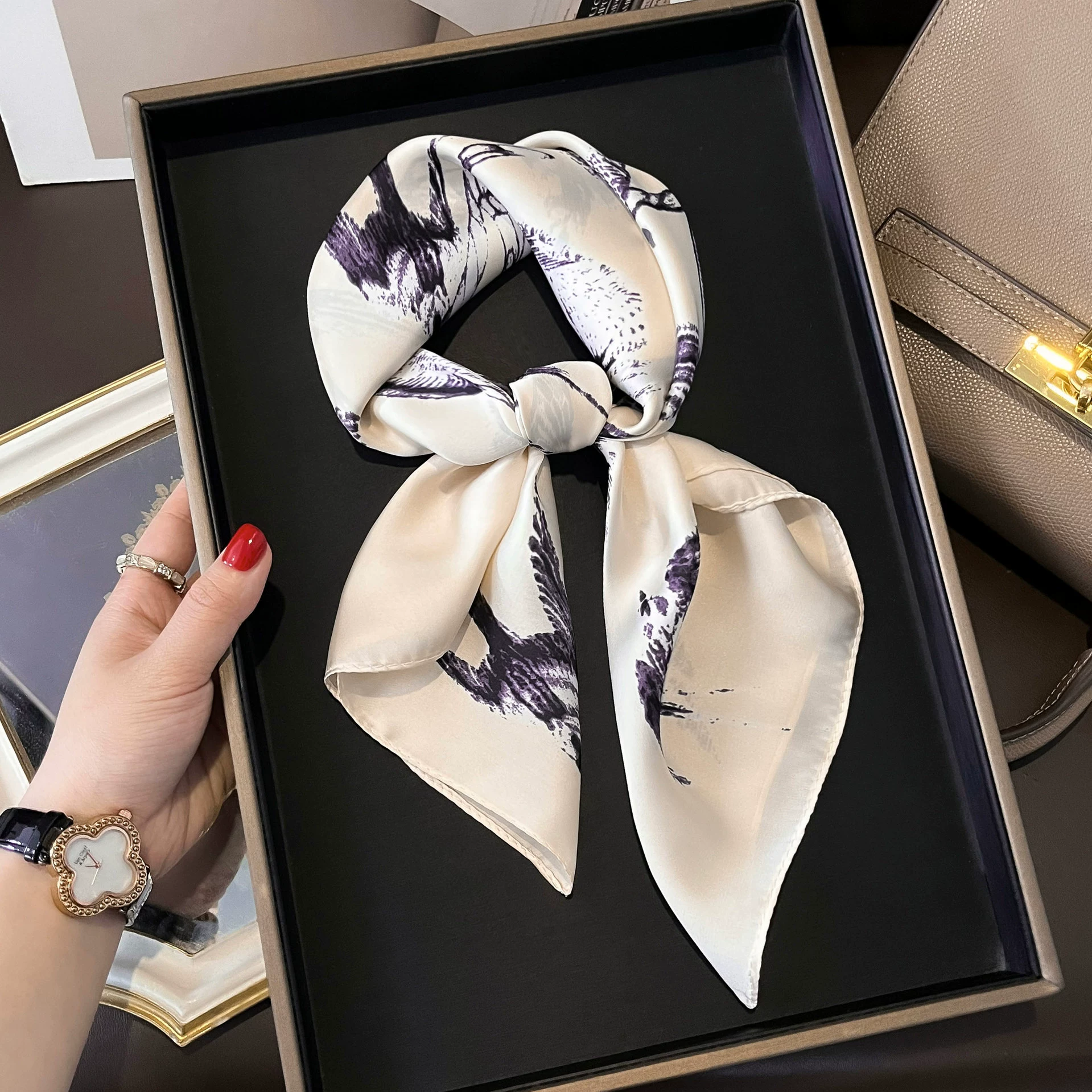 Silk retro fashionable handkerchief, scarf, 2023