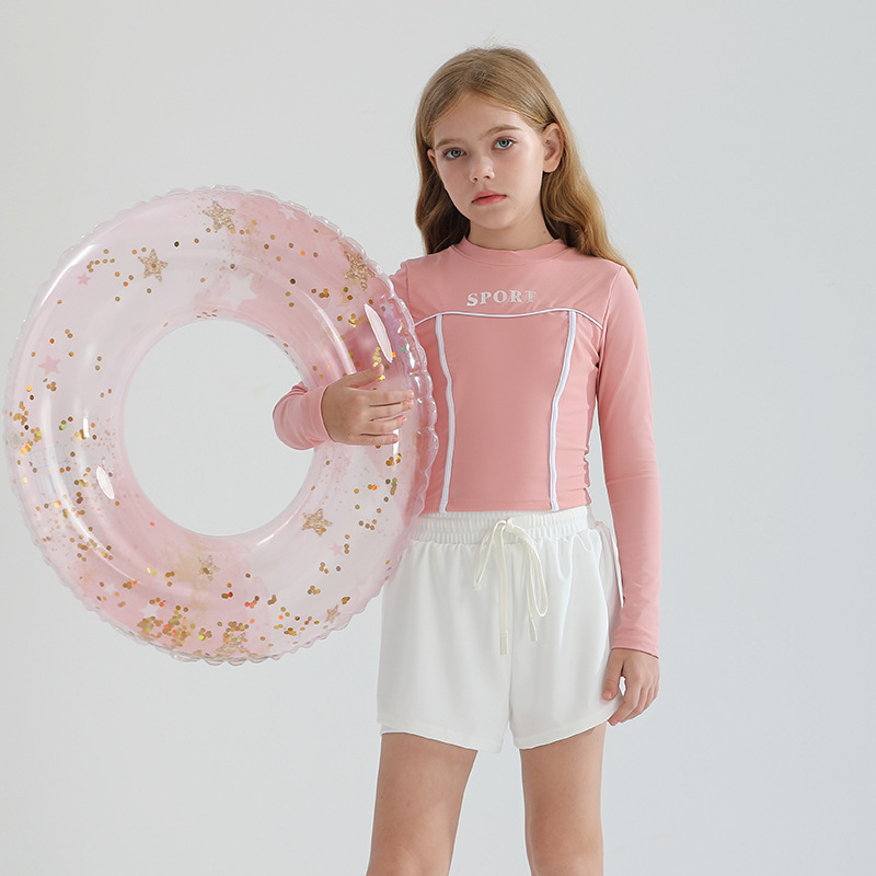 Children's Swimwear Girl's Split Skirt Style Conservative Long Sleeve Sun Protection 2025 New Style Swimwear for Middle and Big Children's Hot Spring Swimwear