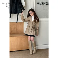 Sanglo Children Girls Кожаное пальто 2024 Осень Новый стиль CTong End Design Чувство детского среднего и длинного пальто