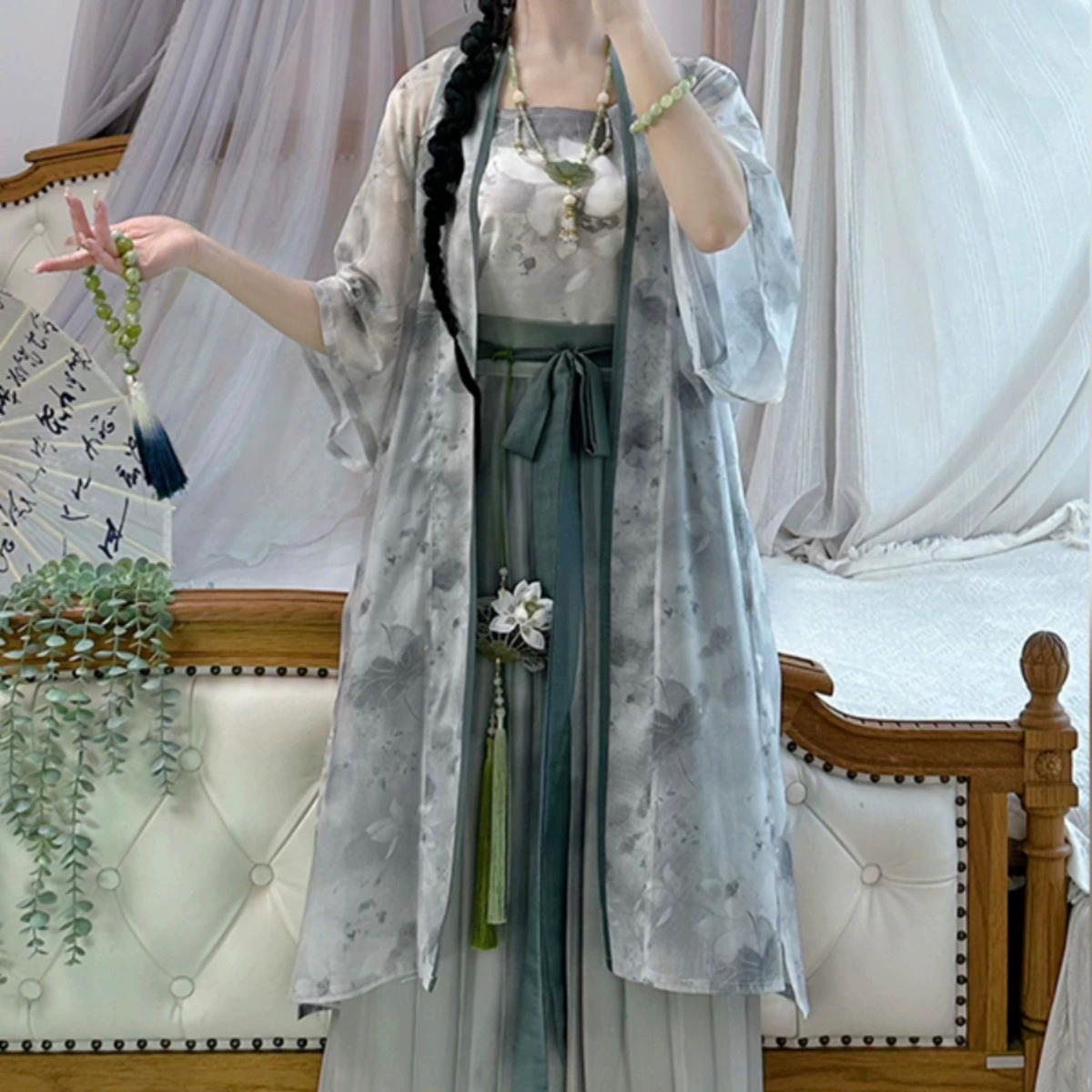 [Qing He] Song Han одежда костюм Женская Талия плиссированная юбка Новый китайский стиль Повседневная Весна и лето