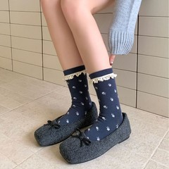 ins日系复古玫瑰碎花并蕾丝花边少女JK堆堆袜子藏青学院风中筒袜