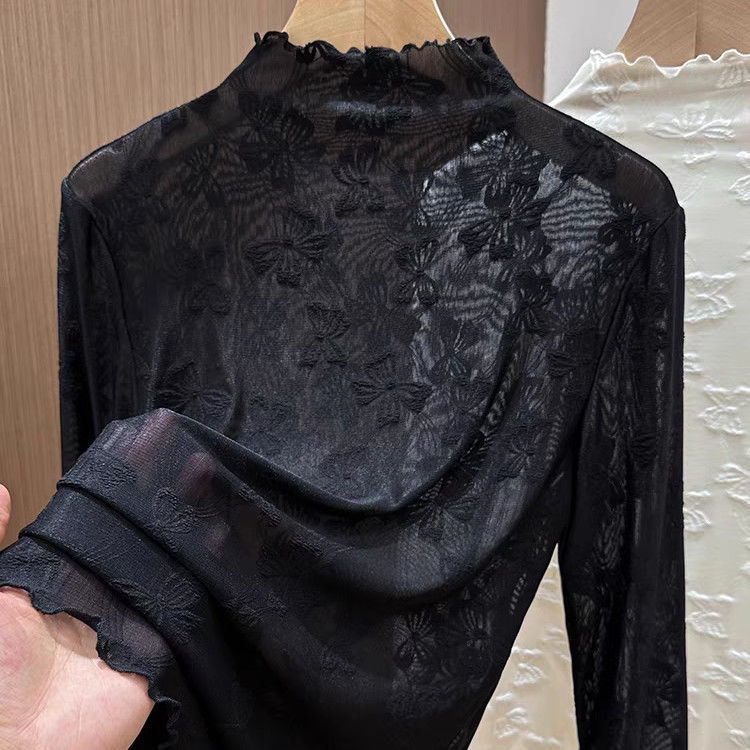 Ruffled Half-High Collar Lace Base Shirt for Women, Stylish Thin Sheer Top for Autumn and Winter, High-End Mesh Blouse