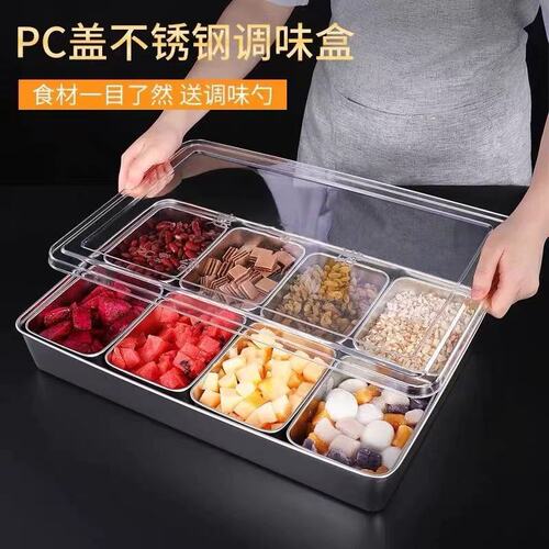 Ice Jelly Ingredient Tray, Stylized Seasoning Tray with Lid, Commercial Stainless Steel Storage Box Set, Multi-Compartment Spice Container