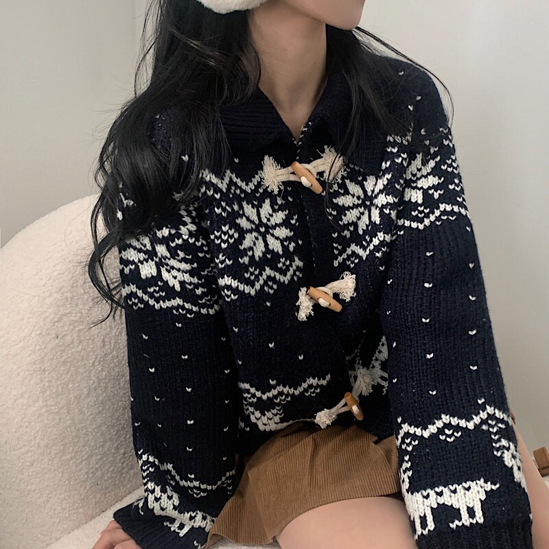 现货 韩国ins冬新款北欧风加厚保暖牛角扣雪花针织开衫女毛衣外套|undefined