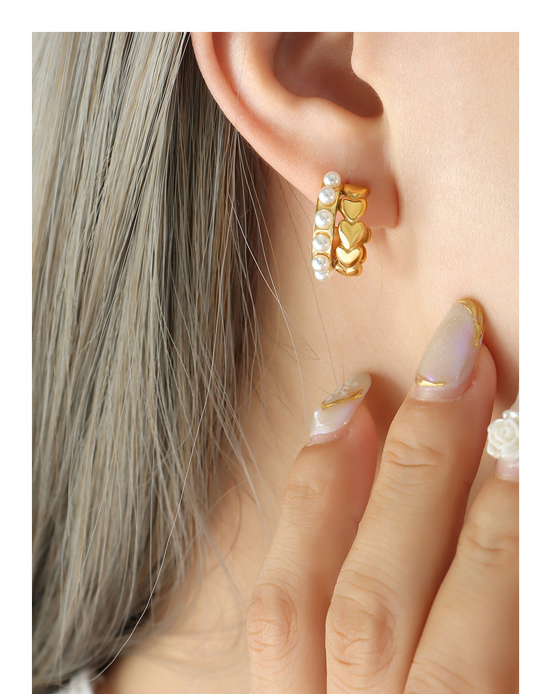 Ear Studs Classification 1 Pair Quantity 1 Pair Simple Style C Shape Heart Shape Plating Inlay Titanium Steel Artificial Pearls Ear Studs