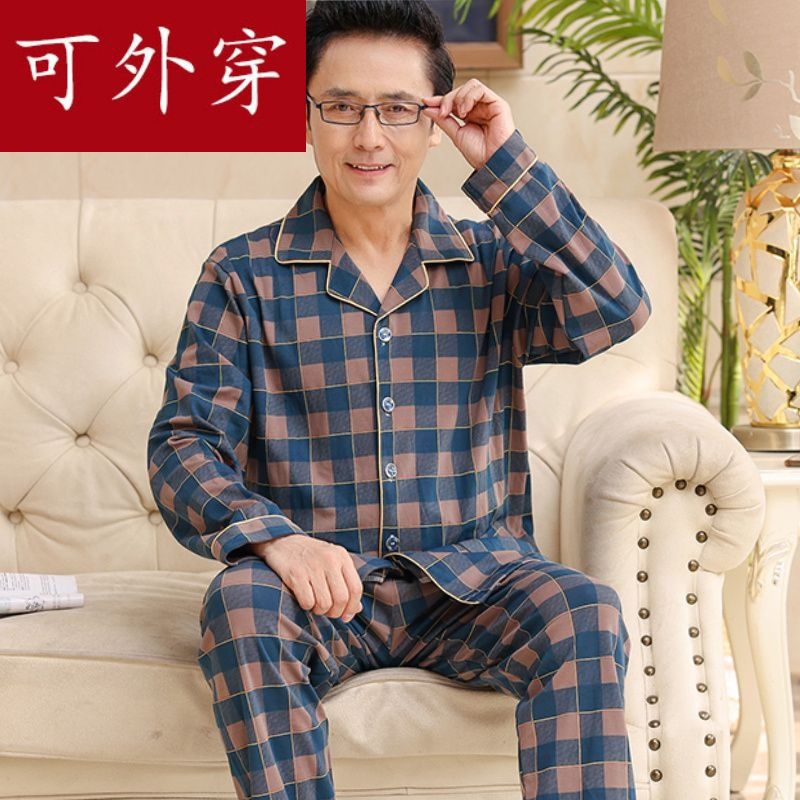 Pijamas de hombre primavera y otoño de mediana edad 100% algodón de manga larga de mediana edad y anciano papá más tamaño traje de homewear