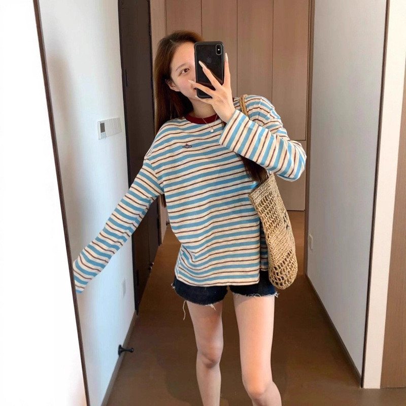 KK822美式复古 双纱针织刺绣宽松版撞色罗纹圆领落肩袖条纹T恤|undefined