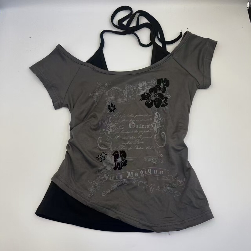 American Style Retro Printed Short-sleeved T-shirt Summer New Spice Girl Slim Fit Fake Two-piece Antique Neck Shoulder Top American Style Retro Printed Short-sleeved T-shirt Summer New Spice Girl Slim Fit Fake Two-piece Antique Neck Shoulder Top