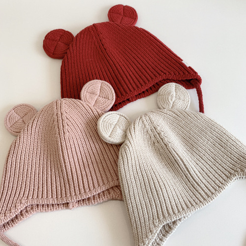 Korean version solid color round ears children's woolen hat children's single hat 3-18 months winter style knitted hat baby ear protection hat