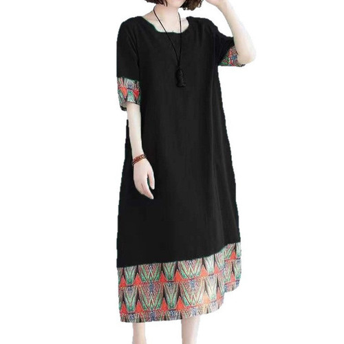 Ethnic-style retro color-blocking patchwork print short-sleeve dress for summer plus size loose youthful tunic women long dress