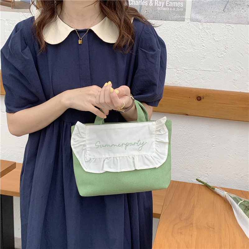 1441 Japanese and Korean chic Sweet ruffled bento Bag, Fresh embroidered hand-held small cloth bag, girl student bag wholesale undefined