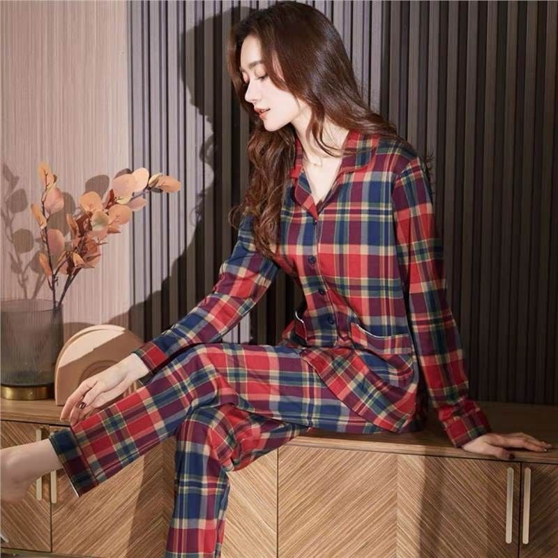 Pijama de algodón femenino primavera y otoño 2024 nuevo pantalón de manga larga para vestir en el exterior grande conjunto de ropa doméstica de mujer