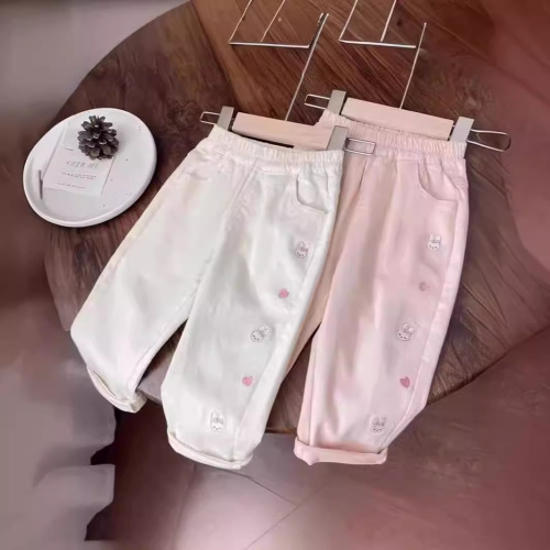 Spring and Autumn Girls' Korean Style Wide Leg Pants 2024 New Cartoon Embroidered Bunny Cute and Sweet Harlon Casual Long Pants