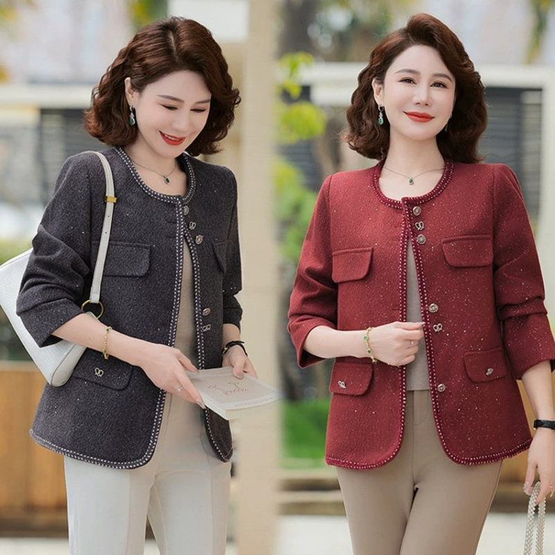 Модная весенняя верхняя одежда для мам среднего и пожилого возраста, высококачественный кардиган в маленьком ароматном стиле, короткий весенне-осенний стиль для женщин среднего возраста 50-60 лет.