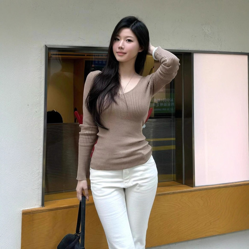 韩系温柔风v领针织衫女秋季针织打底长袖修身显瘦纯欲内搭上衣|undefined