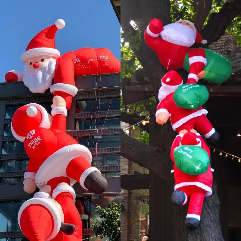 Fabricante de modelos inflables navideños abre sus puertas con modelos inflables de árbol de Navidad, Papá Noel trepando por la pared, muñeco de nieve, tren y arco de dibujos animados.