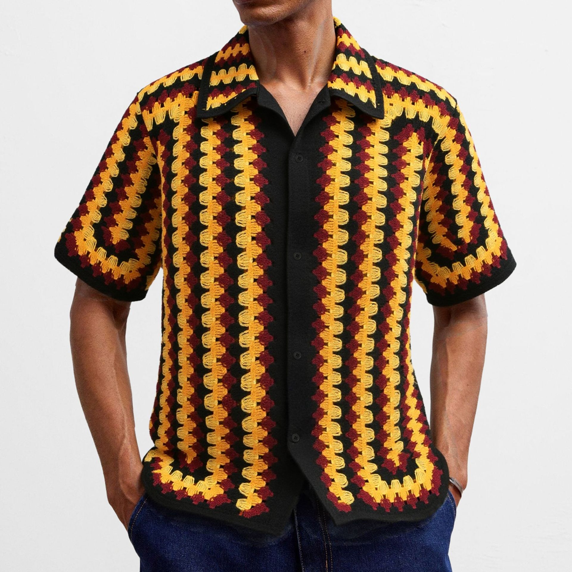 Men's Crochet Knit Cardigan Summer Retro Wave Pattern Hollow-Out Vacation Style Polo Shirt in Stock Sy0191