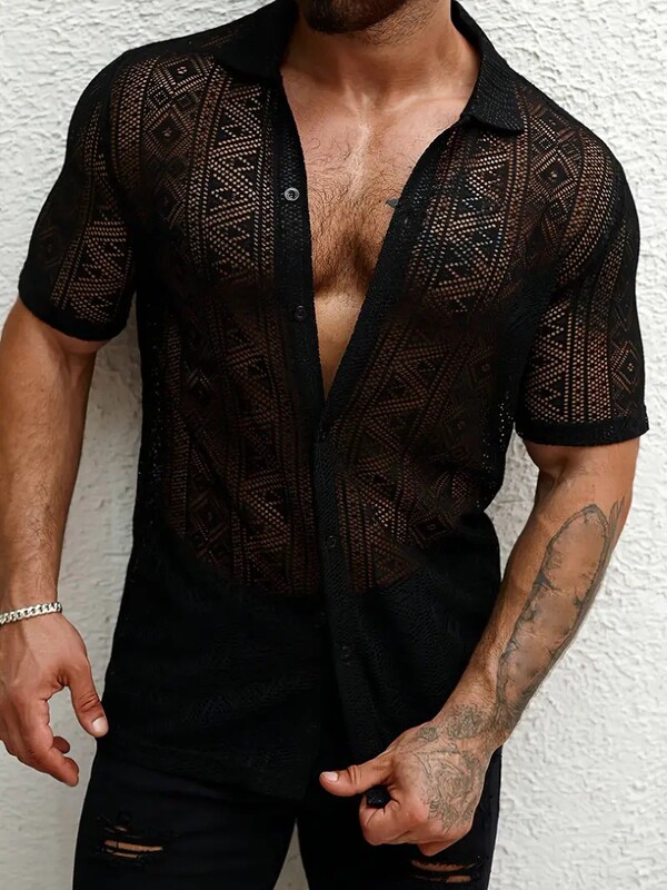 2025 European and American Street Popular Men's Lace Shirt Short-Sleeved Transparent Buttons Summer Casual Holiday Cut Out See-Through
