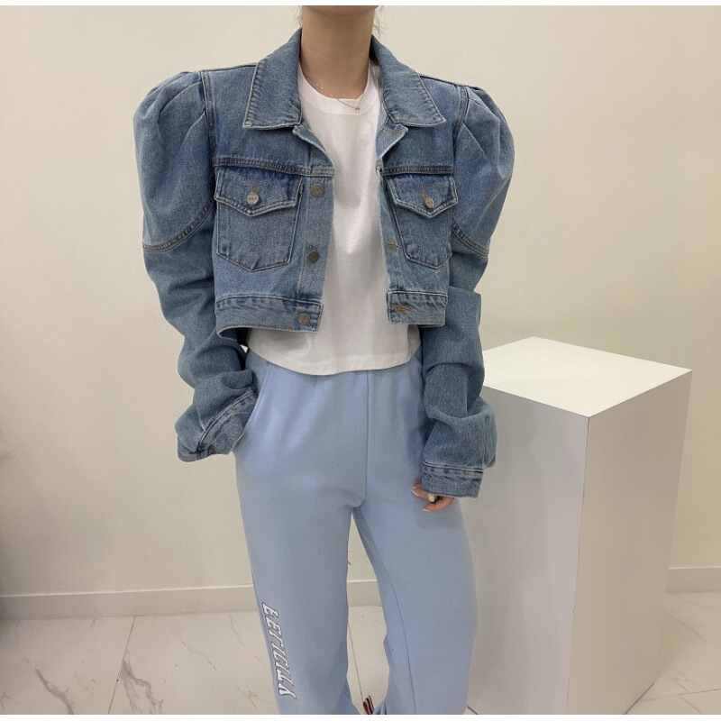 South Korea chic early Autumn New handsome lapel loose slimming single-breasted puff sleeve Denim short jacket jacket